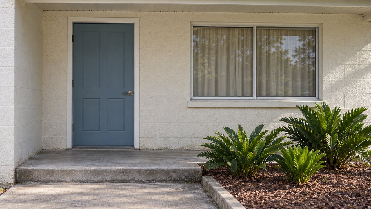 A shaded blue-gray front door and white-framed window above a weathered concrete porch, beside three coontie plants.