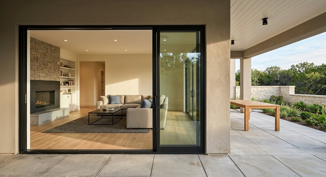 Teak patio table faces open sliding doors, revealing a great room with sofa and fireplace.