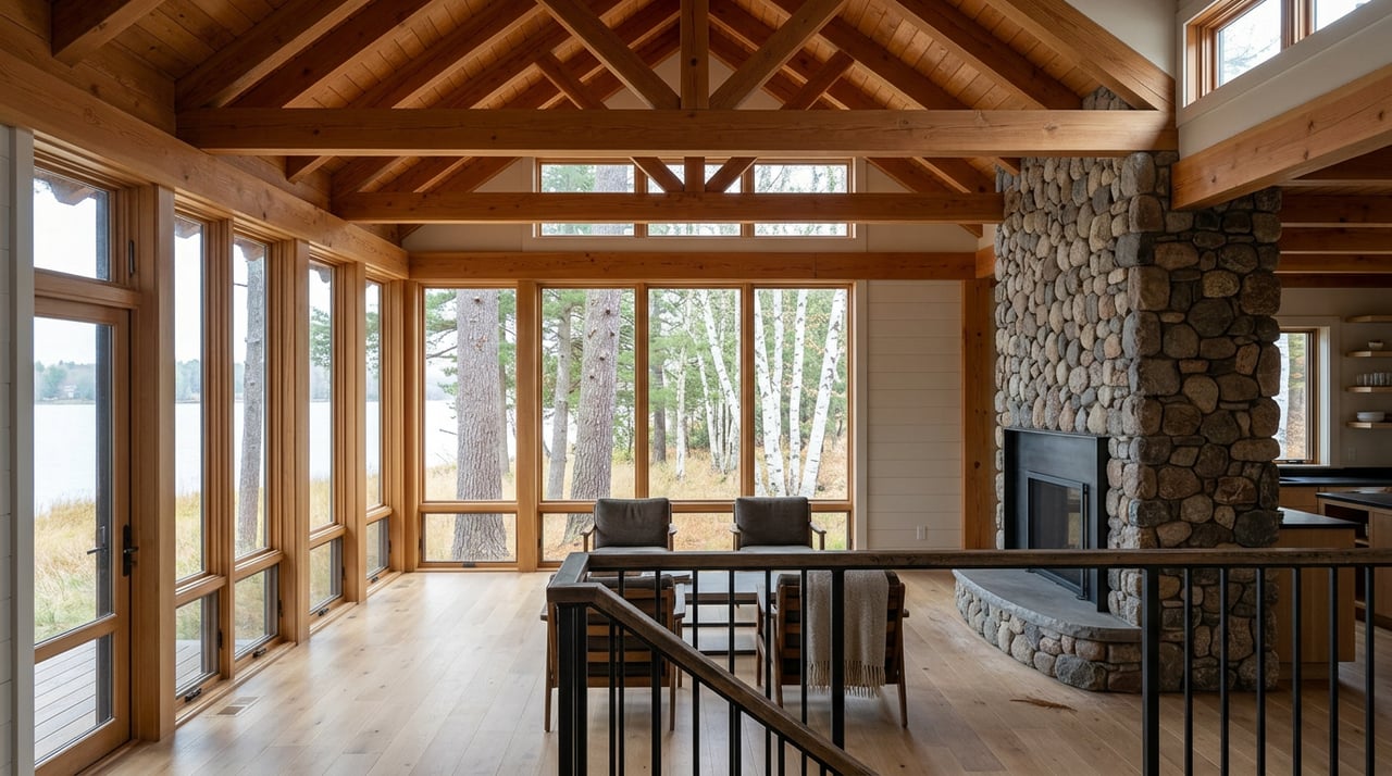 Vaulted timber great room with a stacked-stone fireplace, seating area, and tall windows overlooking pine and birch trees.