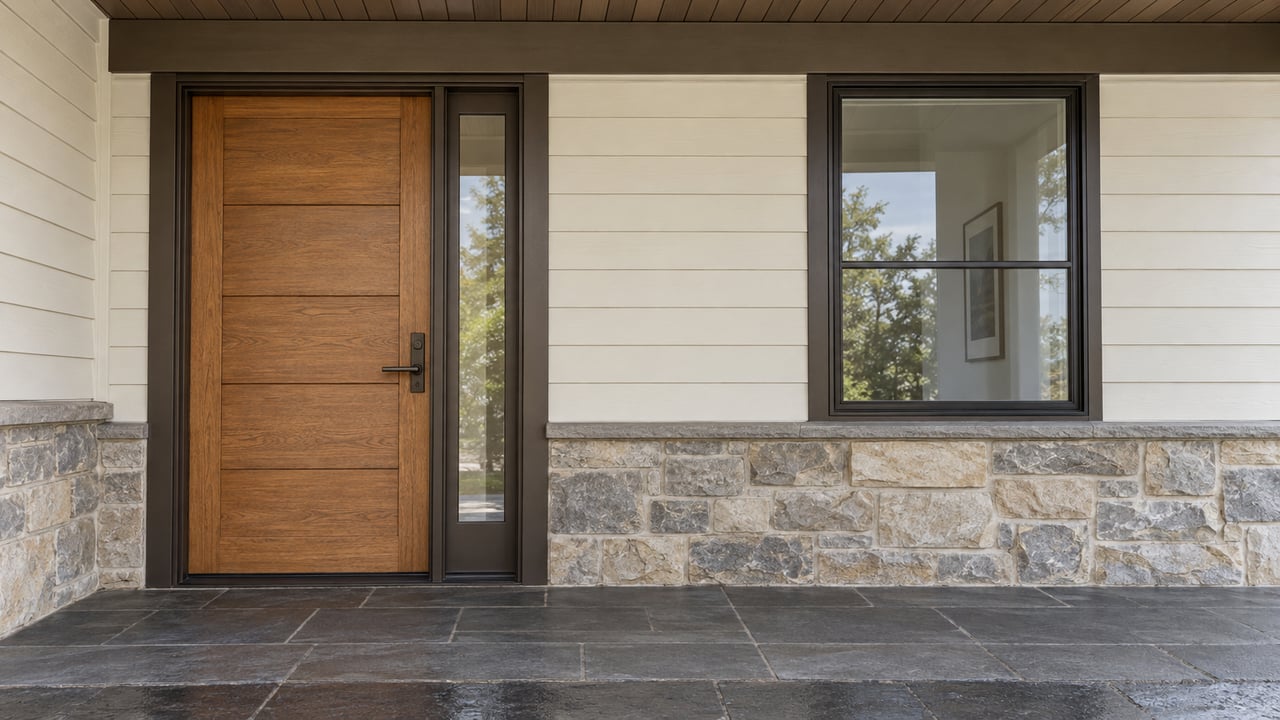 Covered home entry with an oak door, bronze trim, cream lap siding, limestone wall base and charcoal slate porch.