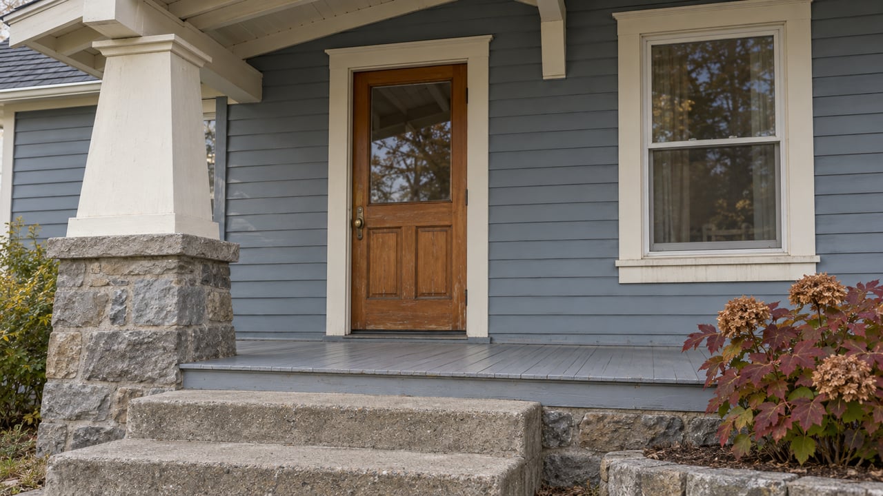 Blue-gray cottage entrance with a wood-and-glass door, stone porch base, worn concrete steps and burgundy oakleaf hydrangea.