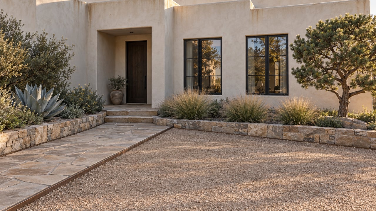 Ivory stucco house with a recessed timber door, sandstone walkway, planted beds, and a sculptural pine.