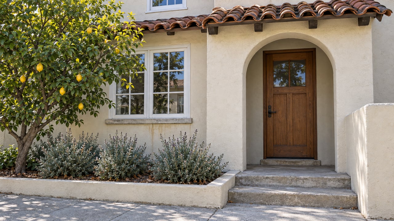 Cream stucco home with a tiled entry canopy, recessed timber door, white-trim window and lemon tree beside a short front walk.