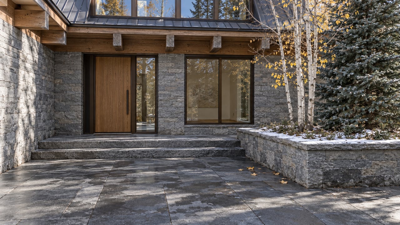 Quiet stone courtyard outside a timber-and-quartzite residence, with closed bronze-framed glazing, a spruce and a nearly bare aspen in a raised bed.