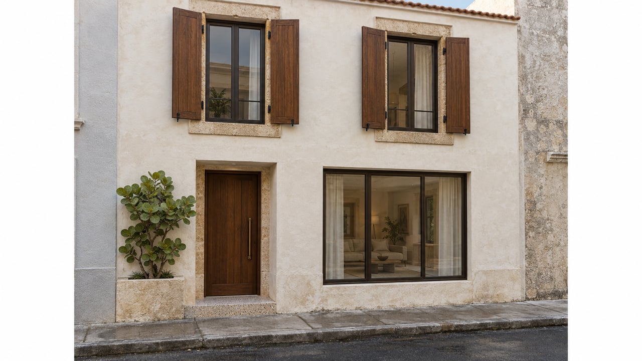 Renovated two-story townhouse with timber shutters, bronze-framed windows, and a stone planter beside the entrance.