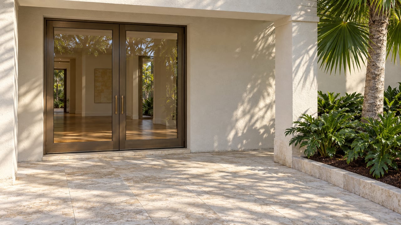 Sunlit limestone terrace beside an ivory stucco loggia, bronze-framed glass doors and a single fan palm.