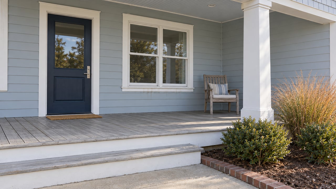 Light blue-gray house porch with a glazed navy door, white trim, weathered decking and autumn planting beside brick-edged steps.