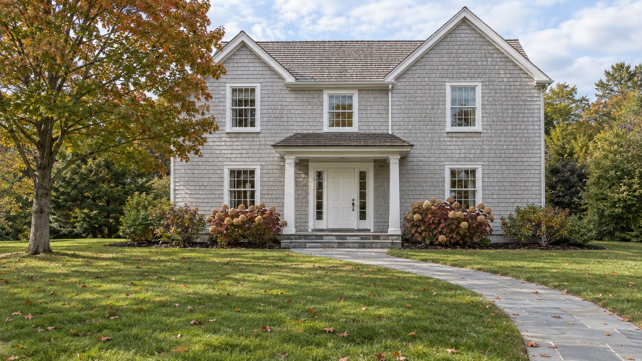 Silver-gray shingle home with white trim, a broad autumn lawn, bluestone approach, and a mature tree with rust-colored leaves.