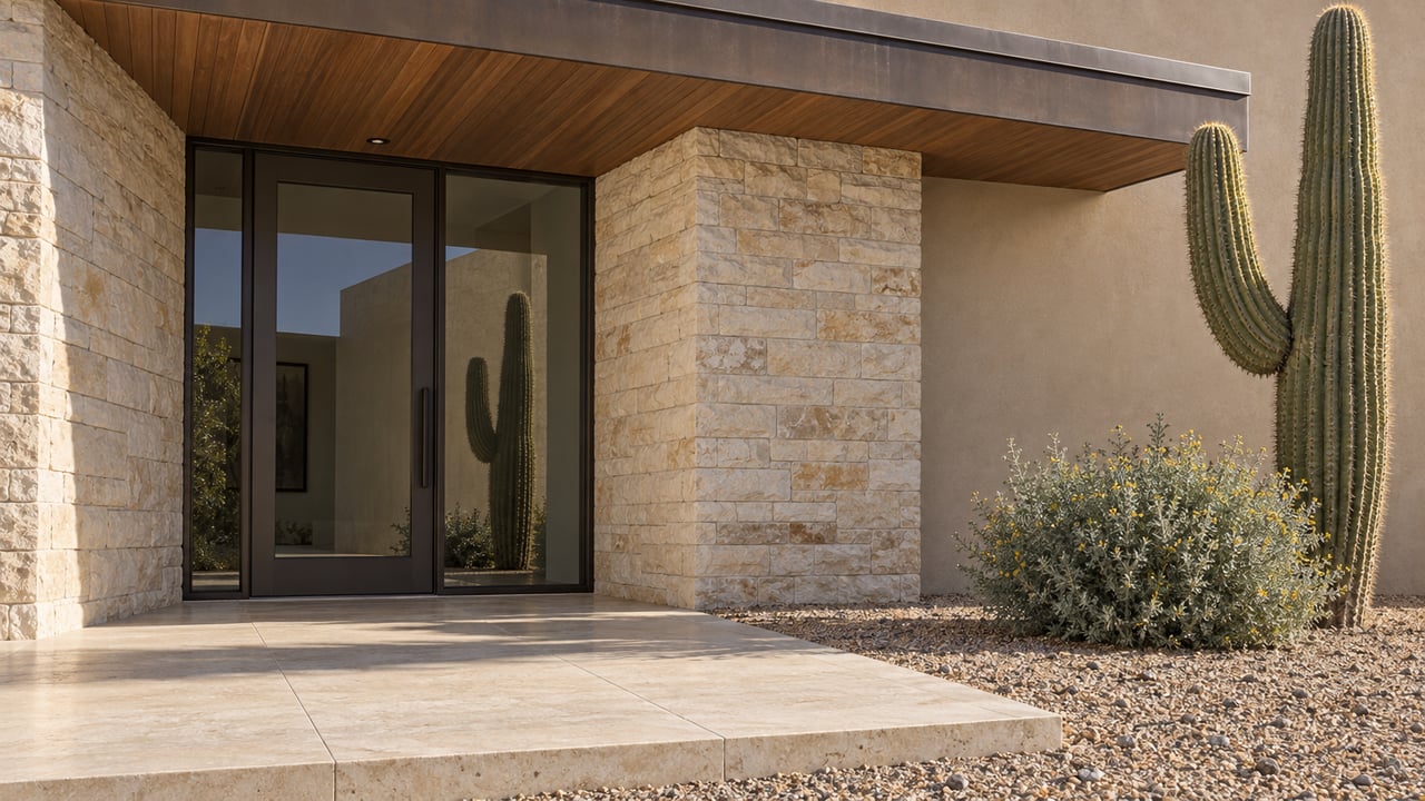 Sunlit stone entry to a low desert-modern home, with bronze-framed glass, a shaded wood soffit and a two-armed saguaro in gravel.