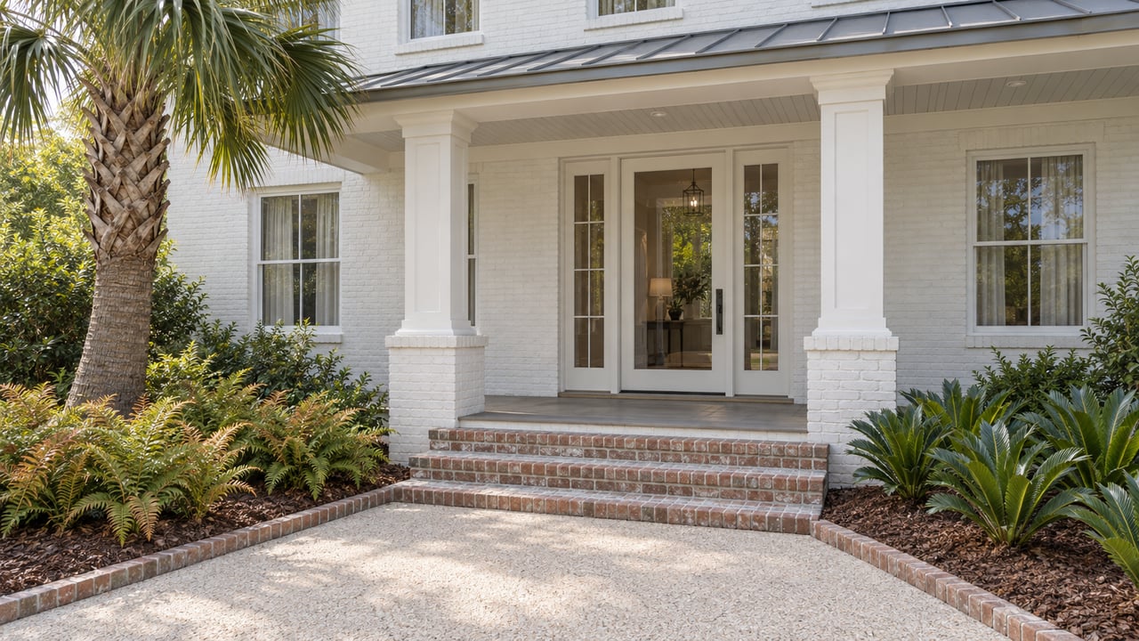 White-painted brick home with a sheltered timber porch, glazed entry, brick steps and a shell-aggregate garden approach bordered by a specimen palm and low planting.