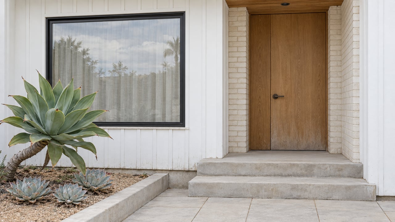 White board-and-batten home entry with an oak door, pale brick returns, concrete steps and sculptural succulents in soft daylight.