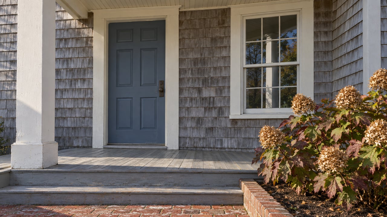 Close view of a weathered cedar cottage porch with a slate-blue door, white-trimmed window, brick approach and autumn oakleaf hydrangea.