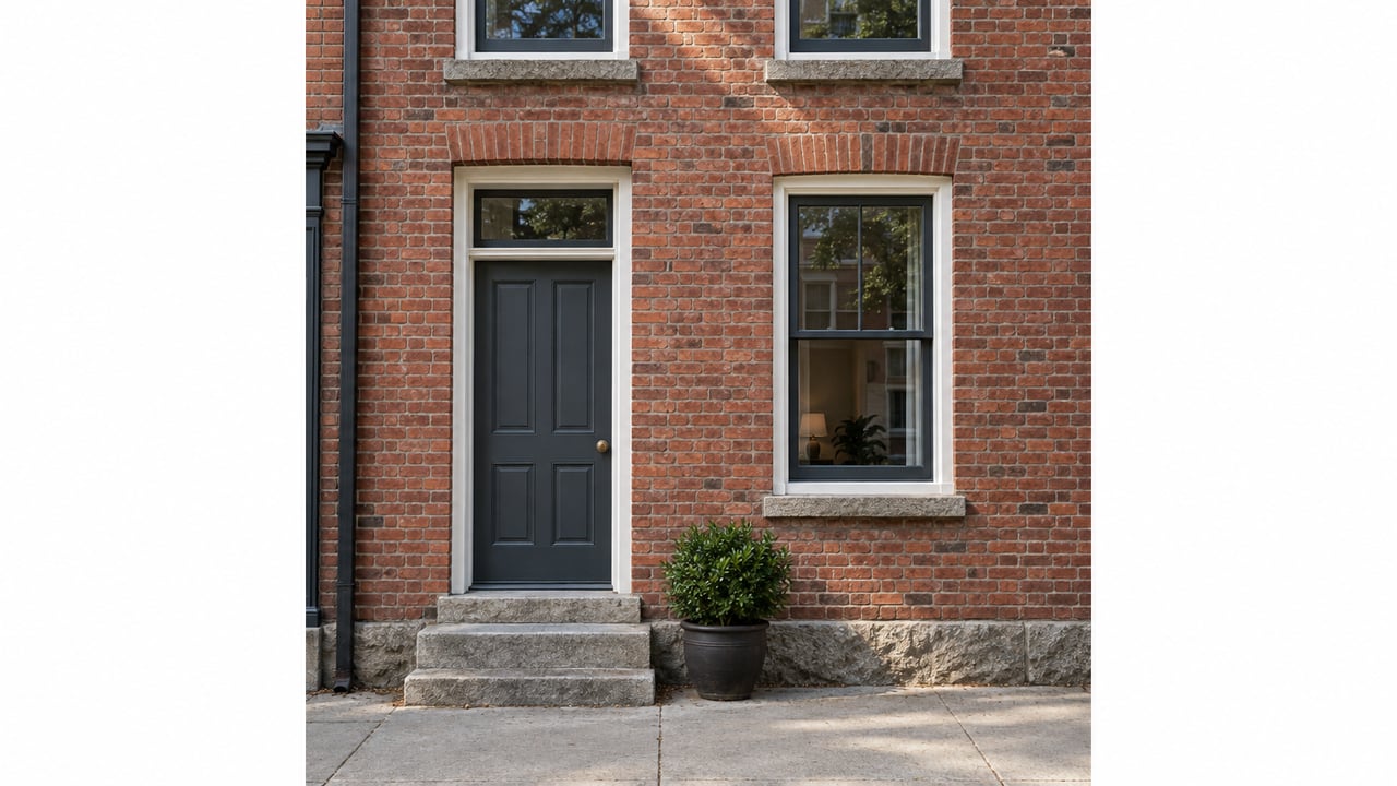Red-brick attached home with a gray entry door, granite steps, sash windows, and a potted shrub.