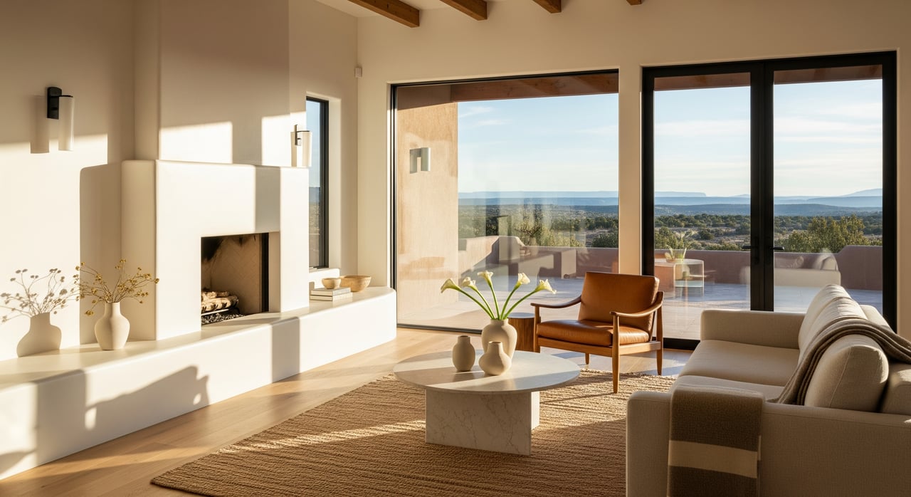 Modern living room with a white fireplace, leather chair, and floor-to-ceiling windows overlooking hills and water.