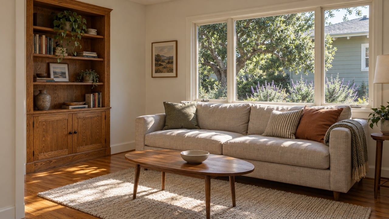 Sunlit bungalow living room with oak floors, an ivory sofa, built-in cabinetry and a broad window overlooking an oak tree.