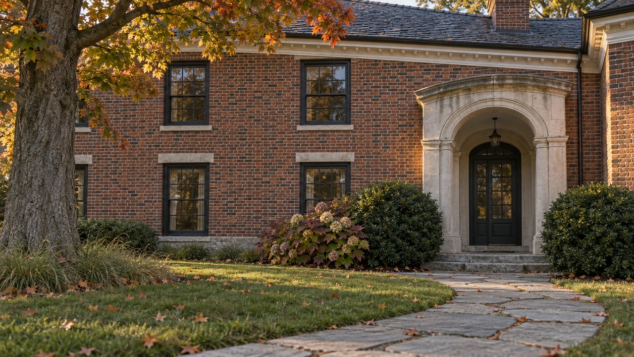 Red-brick two-story house with an arched limestone entry, granite walk, maple tree, and clipped shrubs.