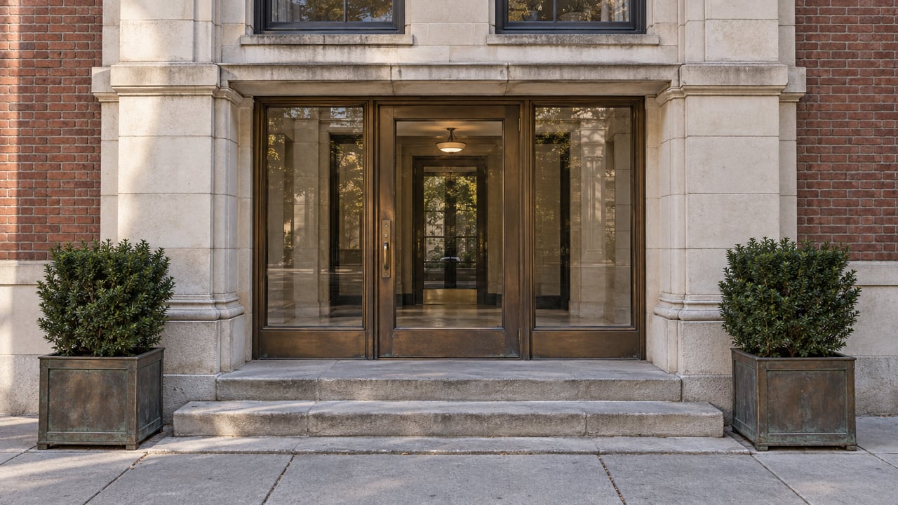 Weathered limestone apartment entrance with bronze-framed glass doors, broad stone steps and two bronze planters.