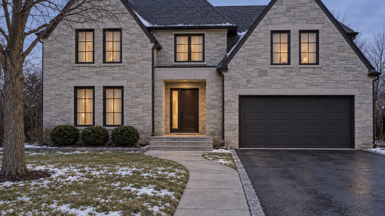 Stone house at winter dusk with tall glowing windows, a cleared front walk and light snow across a deep lawn.