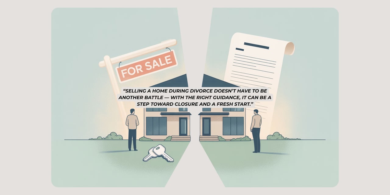 Illustration of a divided house with For Sale sign and divorce paperwork, featuring Florostone Realty’s client quote.