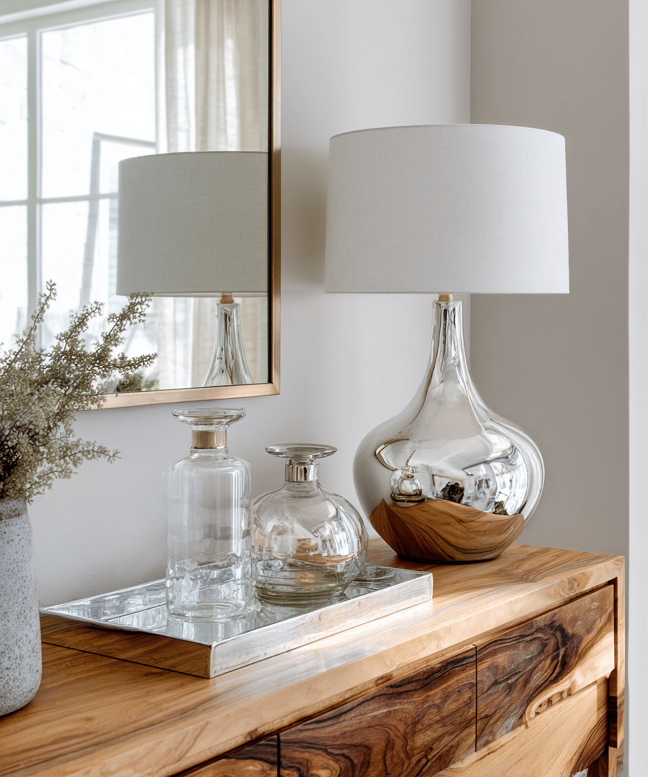 Glass lamp and decorative vessels on a wooden dresser beneath a framed mirror.