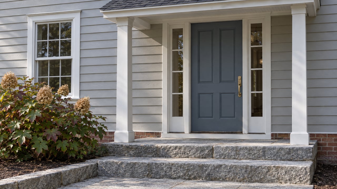Blue-gray front door with matching sidelights, light-gray clapboard siding, granite steps and an oakleaf hydrangea.