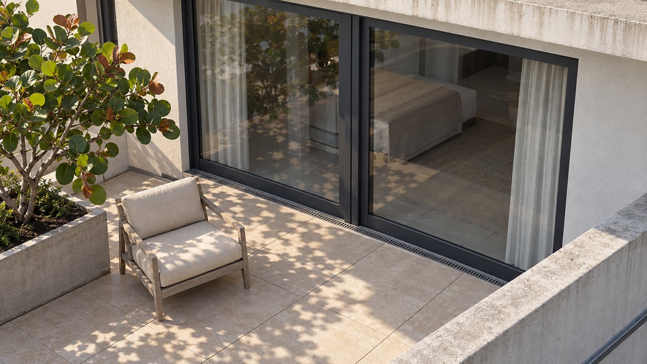 Sunlit apartment terrace with closed dark-framed glass doors, pale porcelain paving, one teak lounge chair, and a sea grape specimen in a concrete planter.