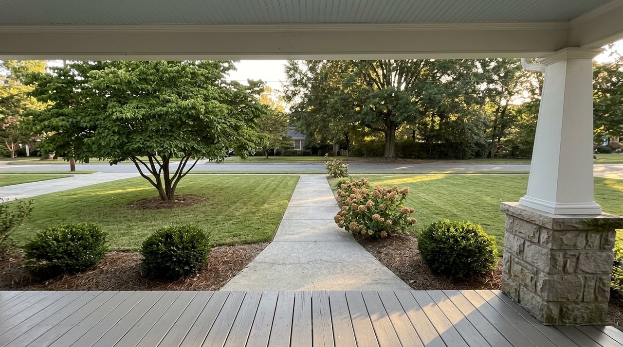Concrete walk crosses a mown lawn between a porch column and two leafy trees.