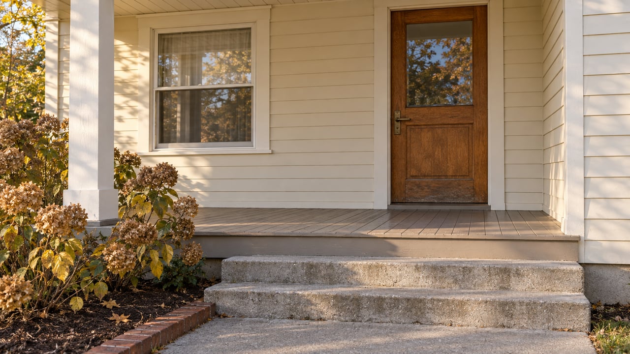An oak front door and cream-painted window beneath a bungalow porch, with concrete steps beside dried hydrangea blooms.