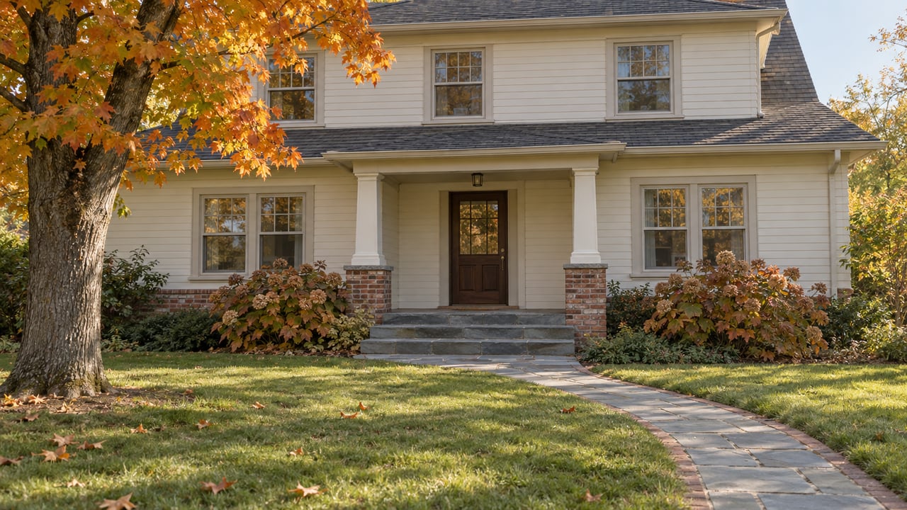 A cream clapboard home with a bluestone approach, brick foundation and autumn maple canopy in soft morning light.