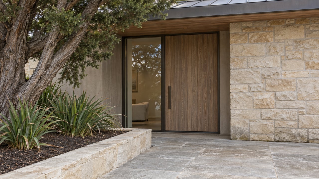 A cedar-and-sandstone home entrance beside a sculptural cypress, with a limestone approach and bronze-framed glazing.