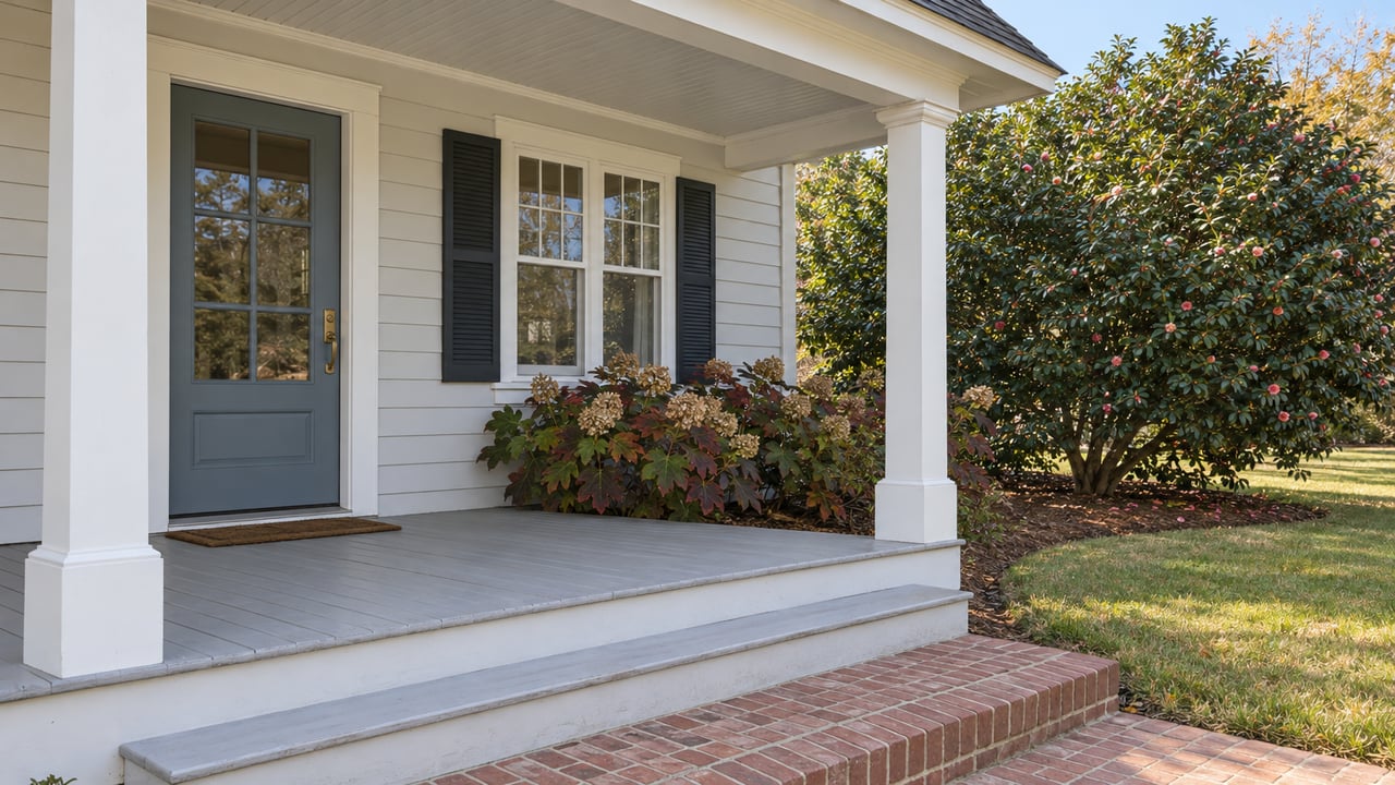 Sunlit white clapboard home with a blue-gray entry door, shaded porch, brick steps and autumn-toned flowering shrubs.