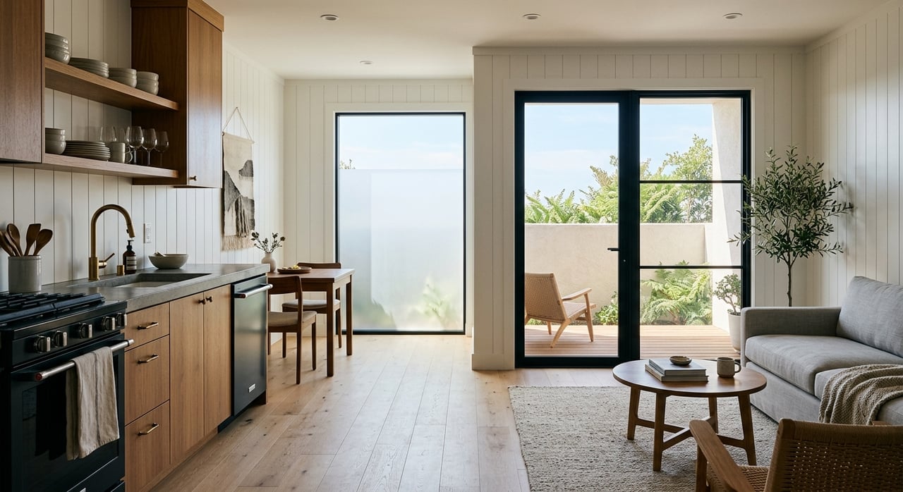 Open-plan kitchen and living room with oak floors, brass globe light, and a black-framed door to a potted patio.