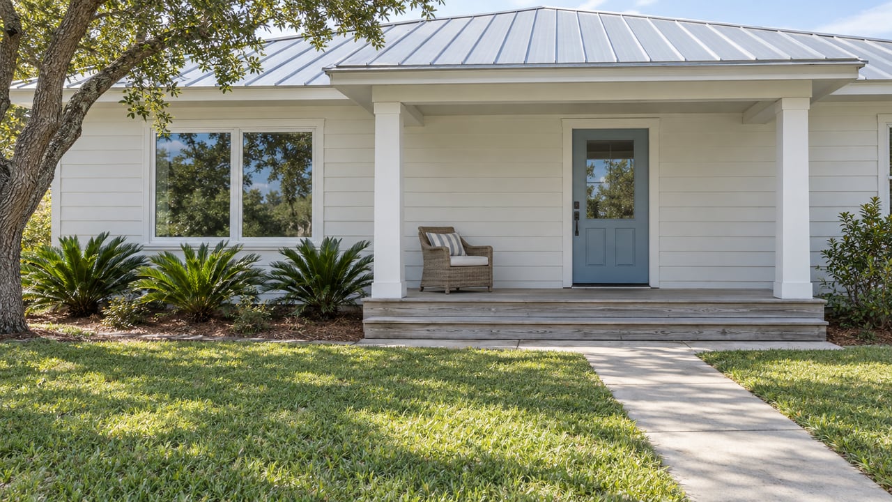 Light-sided cottage with a metal roof, shaded porch, blue front door, and concrete approach through a green lawn beneath a sand live oak.
