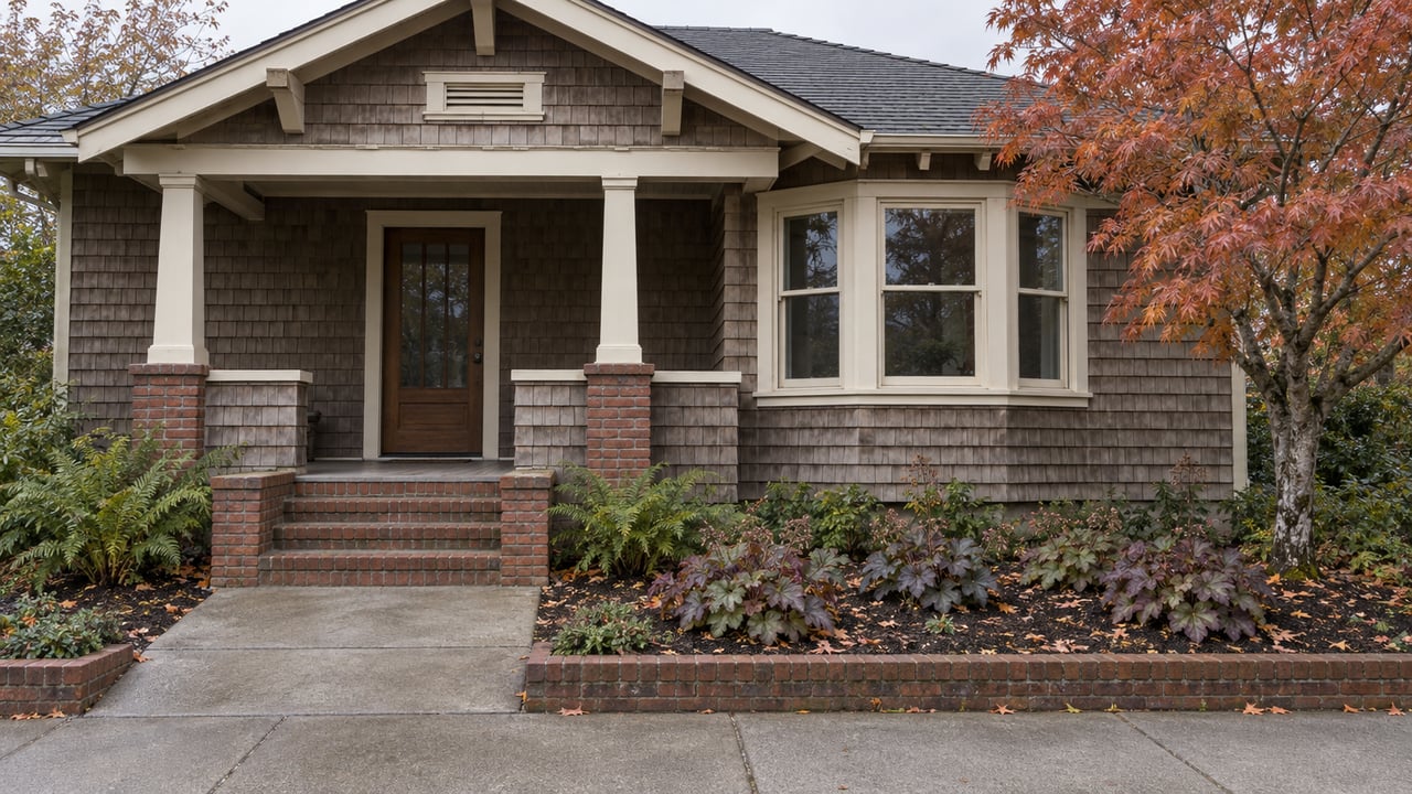 Weathered shingled bungalow with cream window trim, brick porch steps and a copper-leaved Japanese maple in a small front garden.