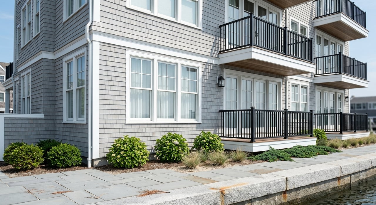 Waterfront condo façade with stacked balconies above a close granite seawall.