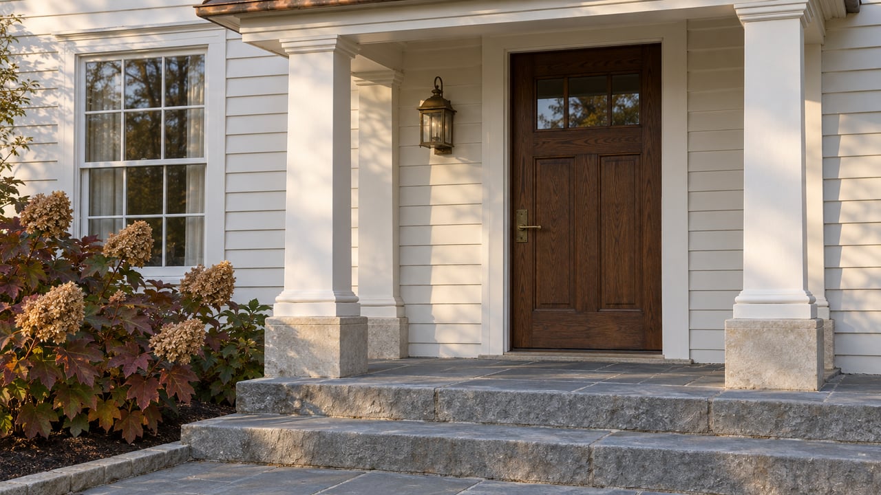 White clapboard home entry with an oak door, paired porch columns, bluestone steps and autumn oakleaf hydrangea.