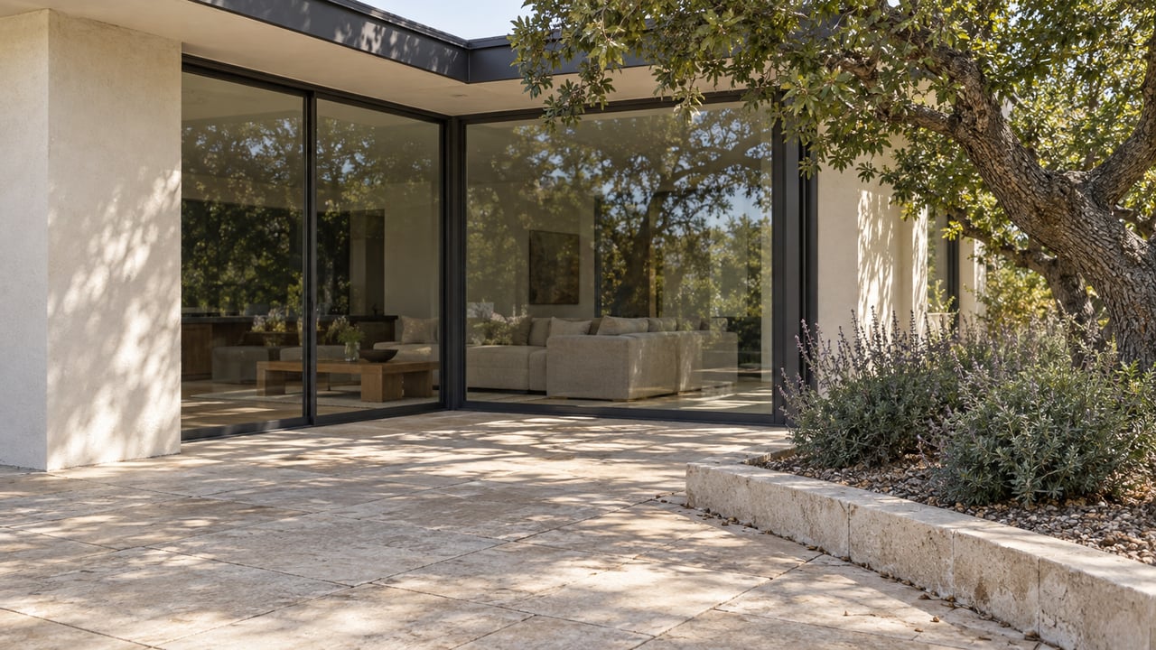 Ivory stucco home with charcoal-framed corner glazing, a weathered limestone terrace and a mature oak beside a raised stone planting bed.