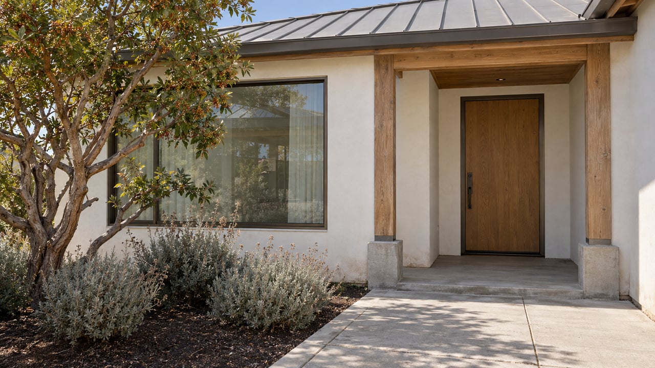 White stucco home with an oak entry door, timber porch, concrete approach and sculptural strawberry tree.