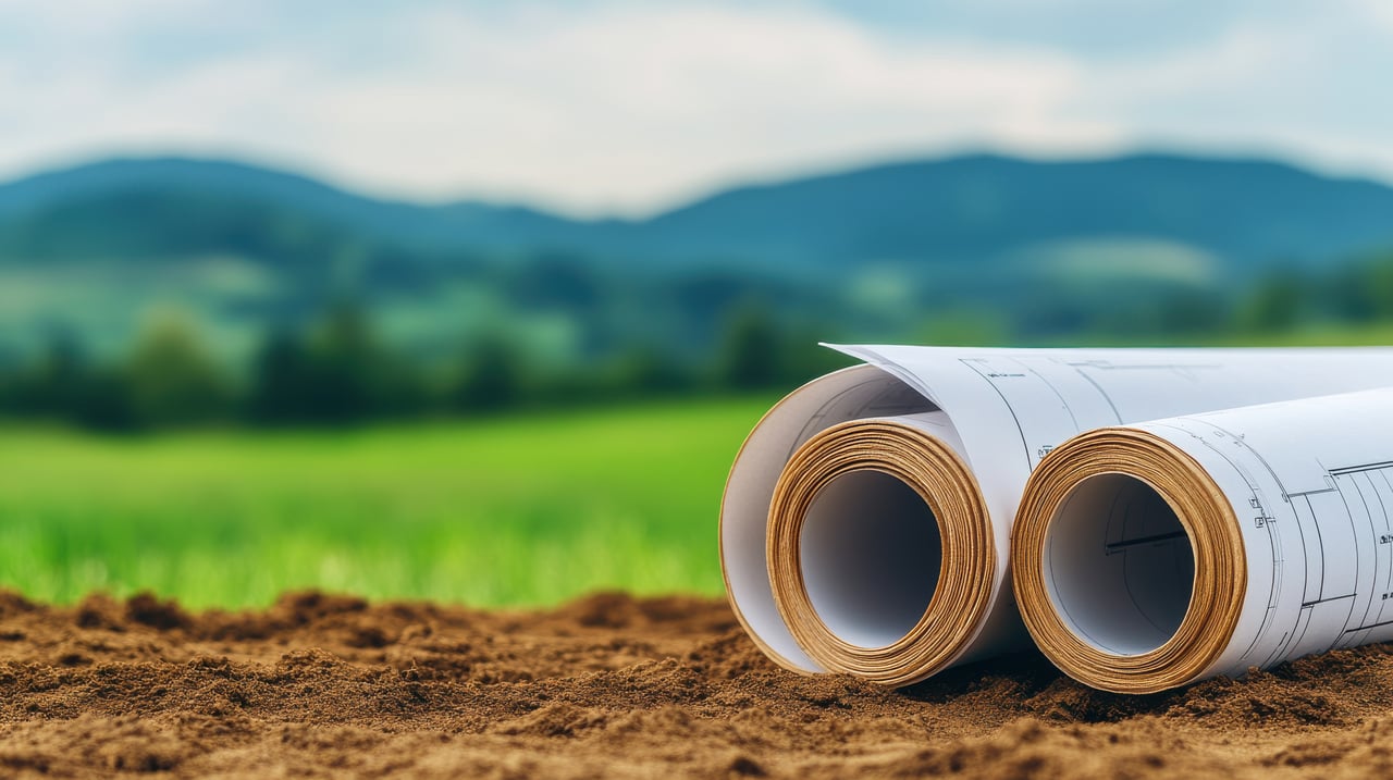 Rolled survey plans resting on bare soil at the edge of a green field, with Western North Carolina mountain ridges in the distance