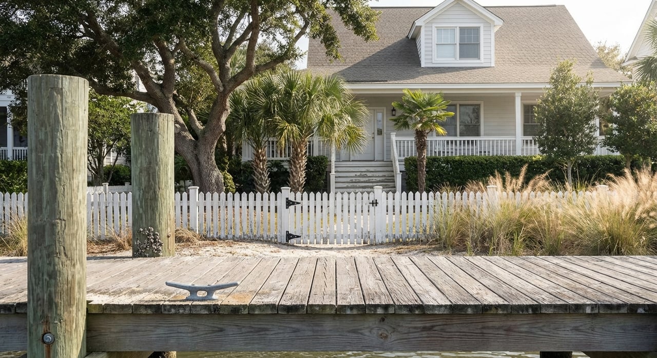 Marina-side boardwalk leading to a coastal-style house with white porch railings and landscaped grounds.