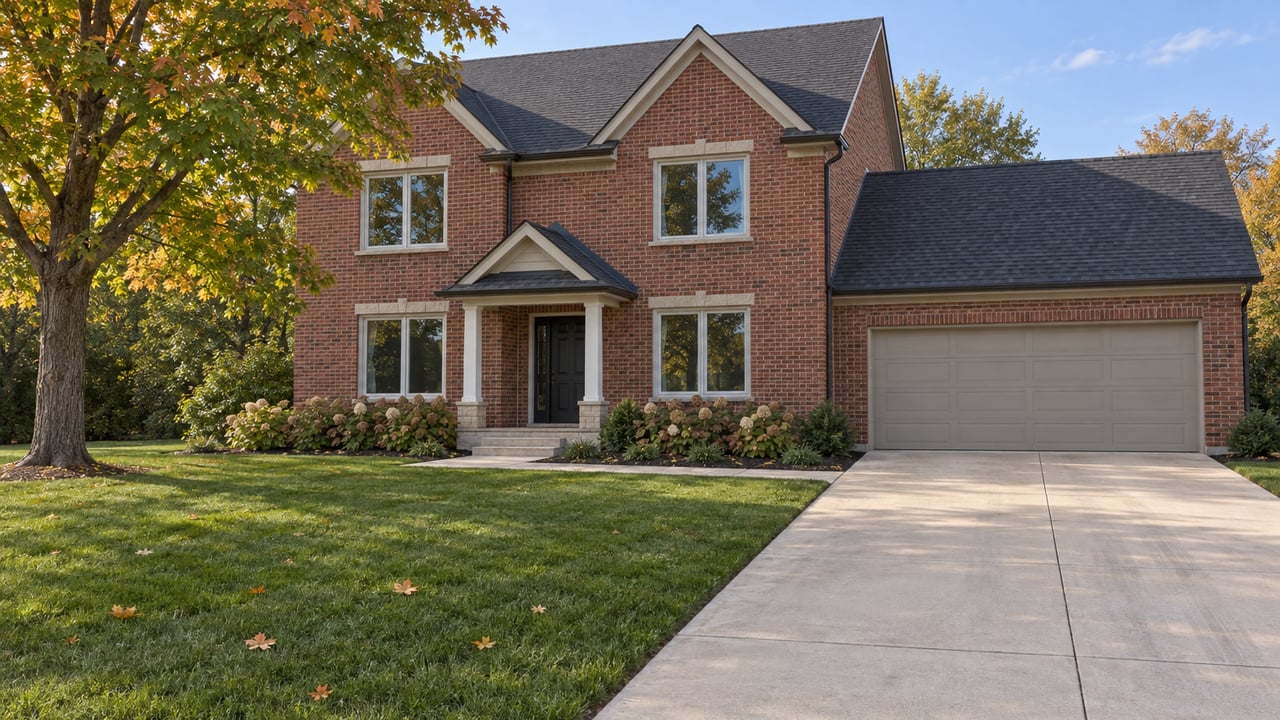 Red-brick two-story home with steep charcoal gables, a broad driveway, deep front lawn, and an autumn maple.