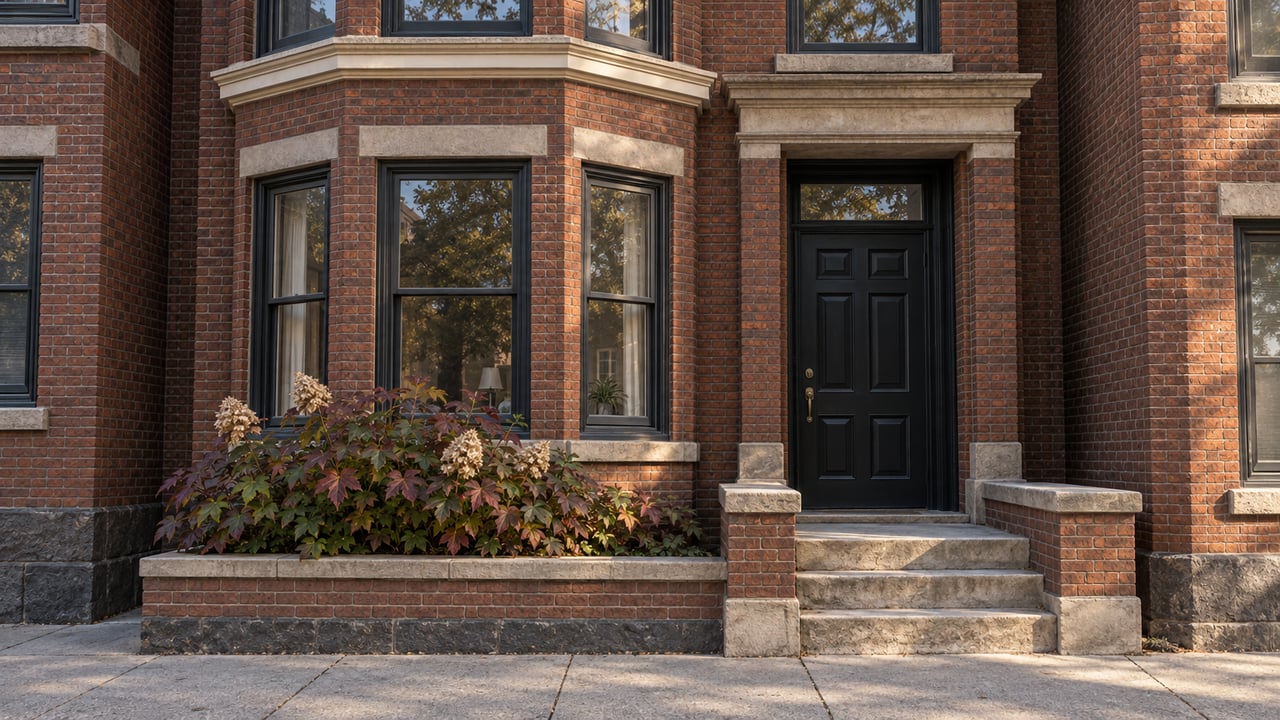 Morning light grazes a russet brick rowhouse bay and recessed black door above worn limestone steps, with burgundy oakleaf hydrangea beside the entry.