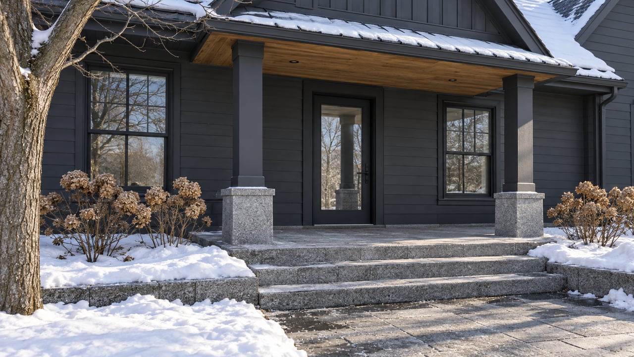Dark cedar home with a sheltered glazed entrance, granite steps and snow-bordered planting beds in winter morning light.