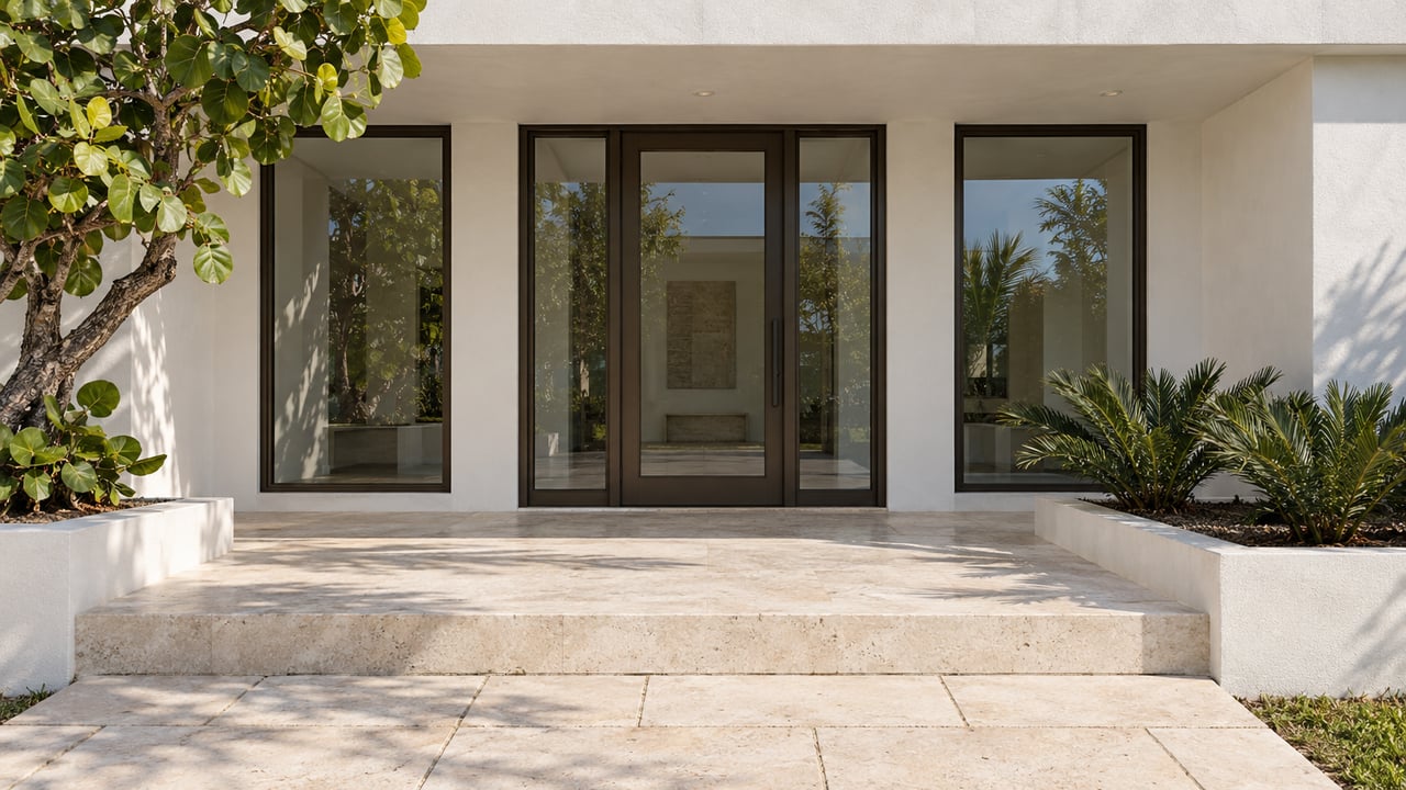 White stucco home entrance with bronze-framed glass doors, pale limestone steps and sculptural tropical planting.