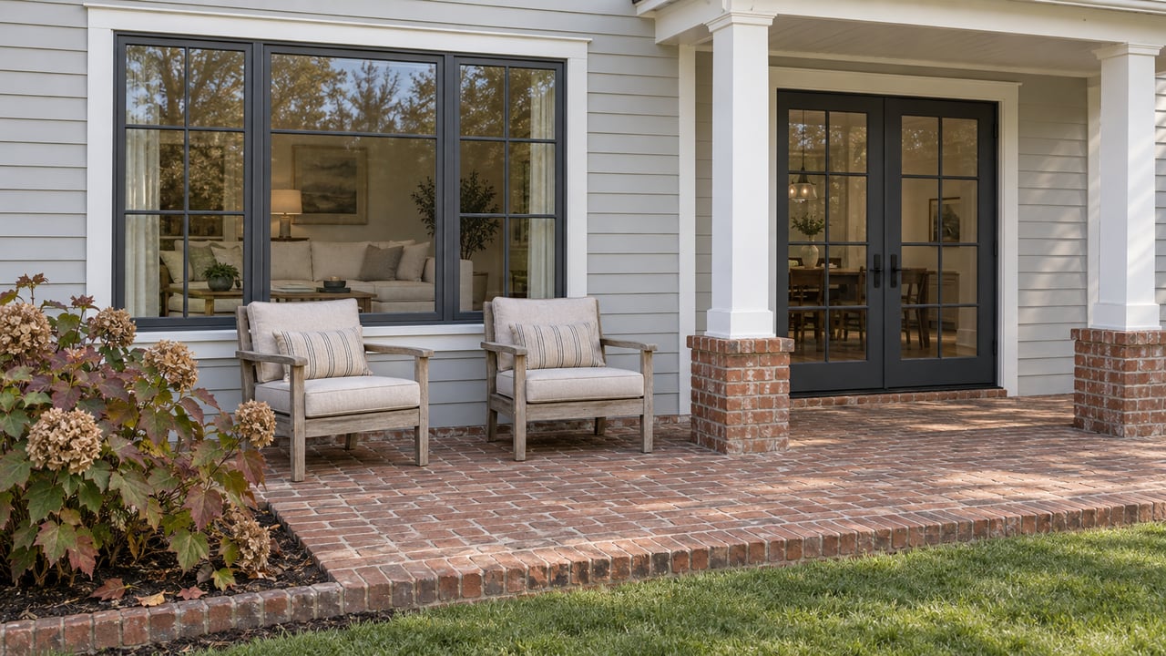 Pale lap-sided home with divided-light windows, paired glass doors and a brick terrace beside autumn oakleaf hydrangea.