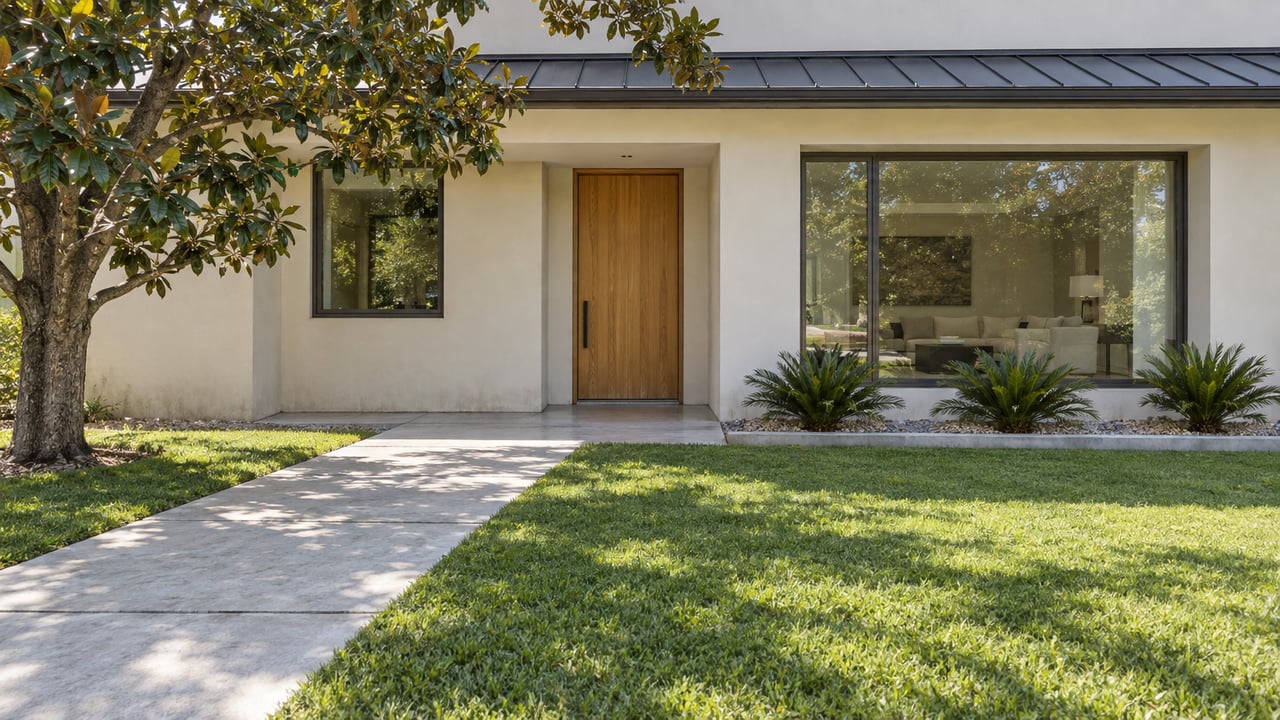 Sunlit ivory stucco home with a recessed wood entrance, bronze-framed windows, deep green lawn and a mature magnolia.