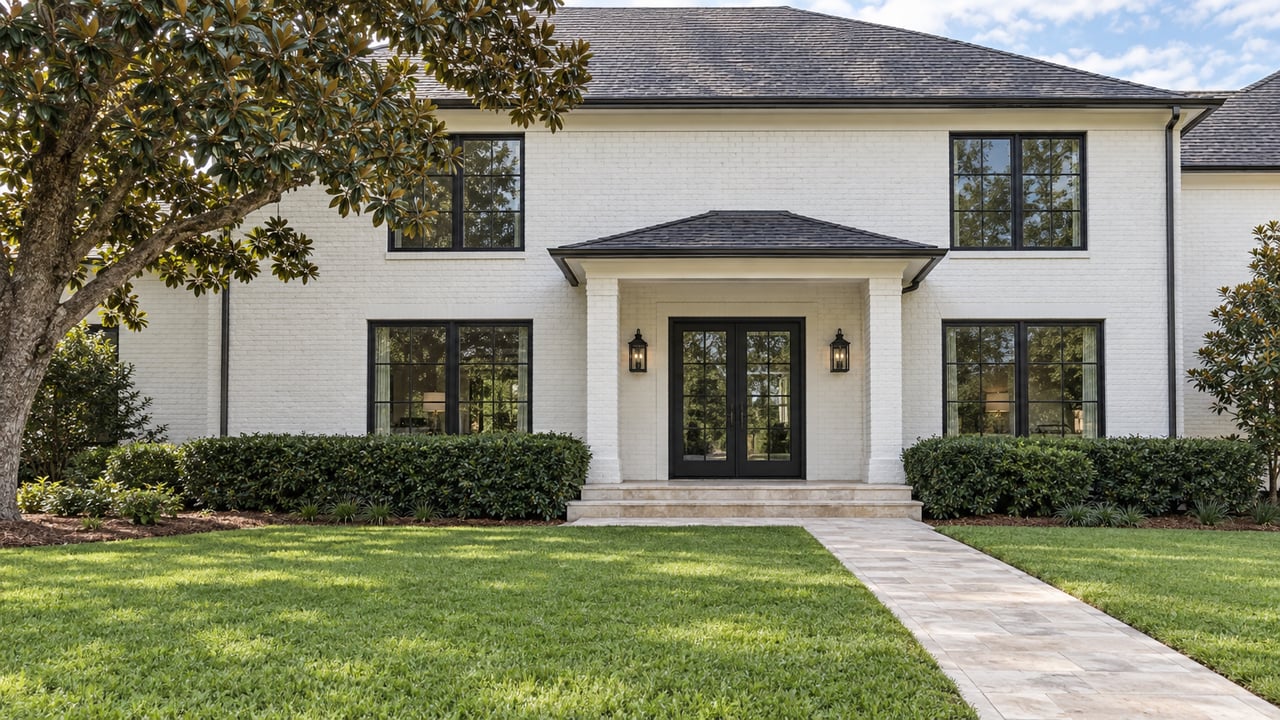 White painted-brick home with black-framed windows and double entry doors, a travertine approach, broad green lawn, clipped holly shrubs and a mature magnolia.