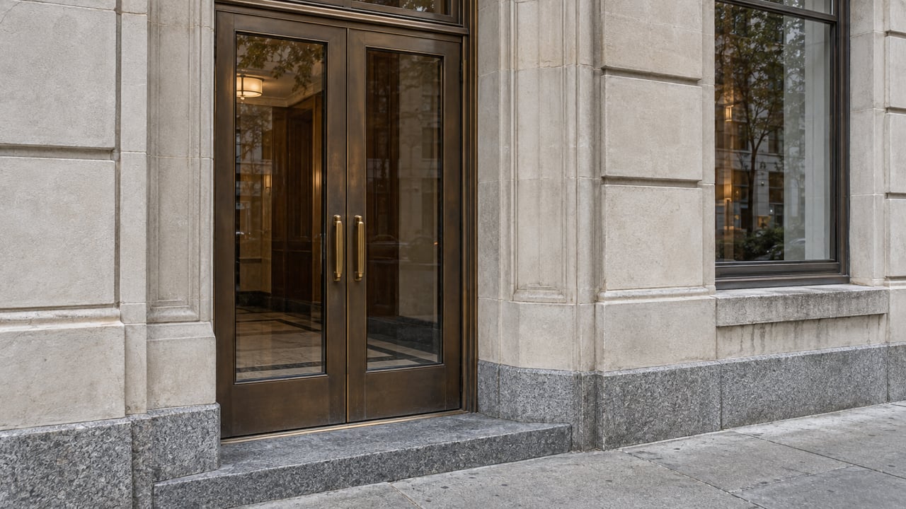 Matched bronze entrance doors with clear glass in a weathered limestone facade above a granite step.