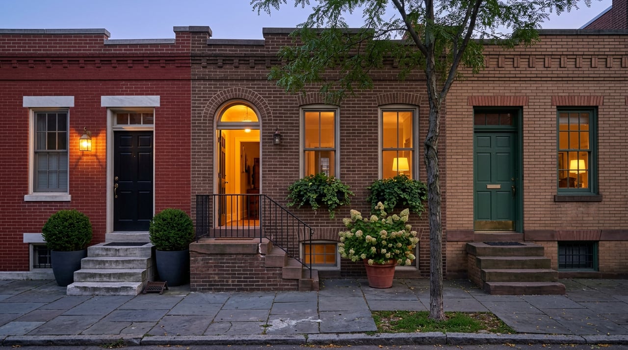 Three attached brick rowhomes with stoops and warm glowing windows beneath a blue-violet dusk sky.