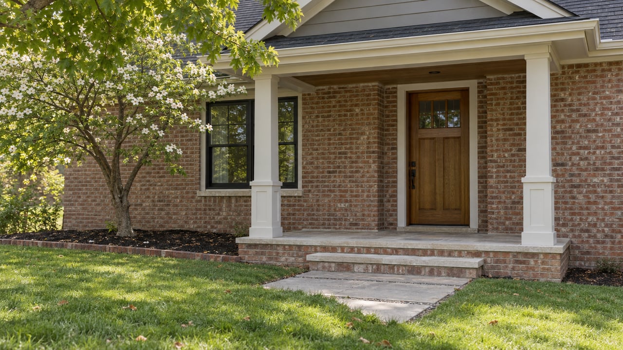 Brick house entry with a stained oak door, double-hung window, paver path, and flowering dogwood in a mulched bed.